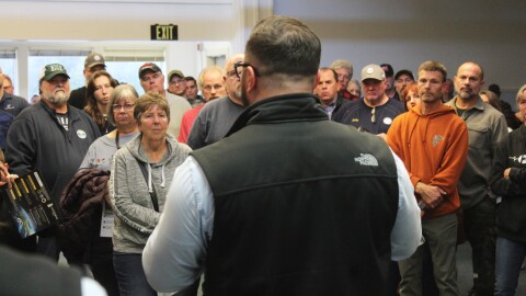 Attendees listen to Alaska LNG Project President Adam Prestidge speak during a project town hall on Wednesday, Oct. 8, 2025 in Nikiski, Alaska.