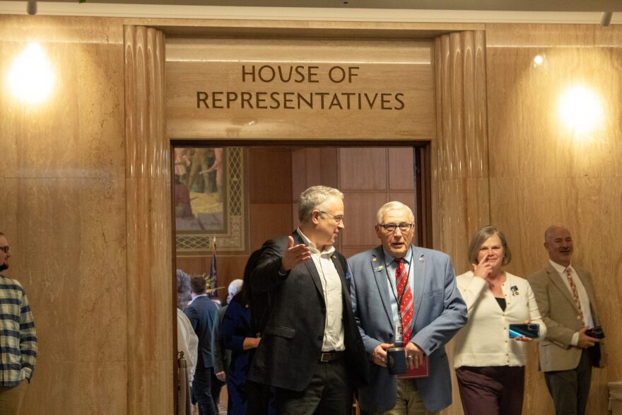 Reps. Ed Diehl, R-Scio and Boomer Wright, R-Coos Bay, walk outside the Oregon House of Representatives on the last day of the 2026 legislative session on March 6, 2026.