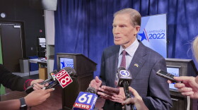 U.S. Senator Richard Blumenthal answers questions from reporters following a debate with his opponent in the 2022 U.S. Senate race, Leora Levy. Levy left following the debate without answering reporter questions.