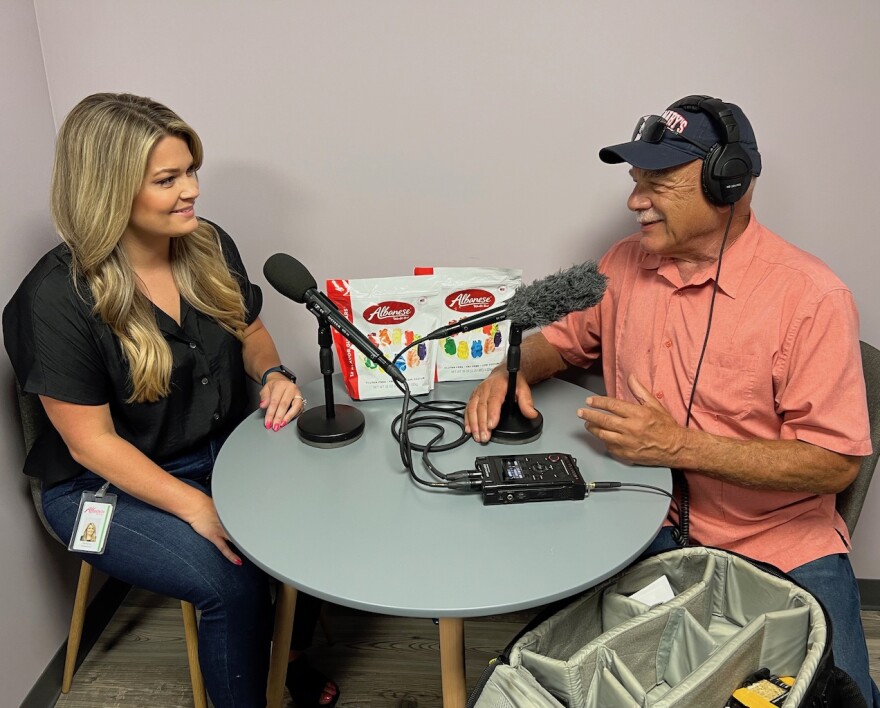 Behany Albanese (left) at Albanese Candy Company in Merrillville, Indiana with correspondent Tom Wilmer