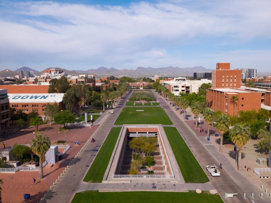 An aerial view of the campus mall at the University of Arizona in Tucson.