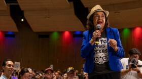 Dolores Huerta speaks at a campaign event for gubernatorial candidate Beto O’Rourke in 2022. The Mexican American labor leader and civil rights activist has died at the age of 96.