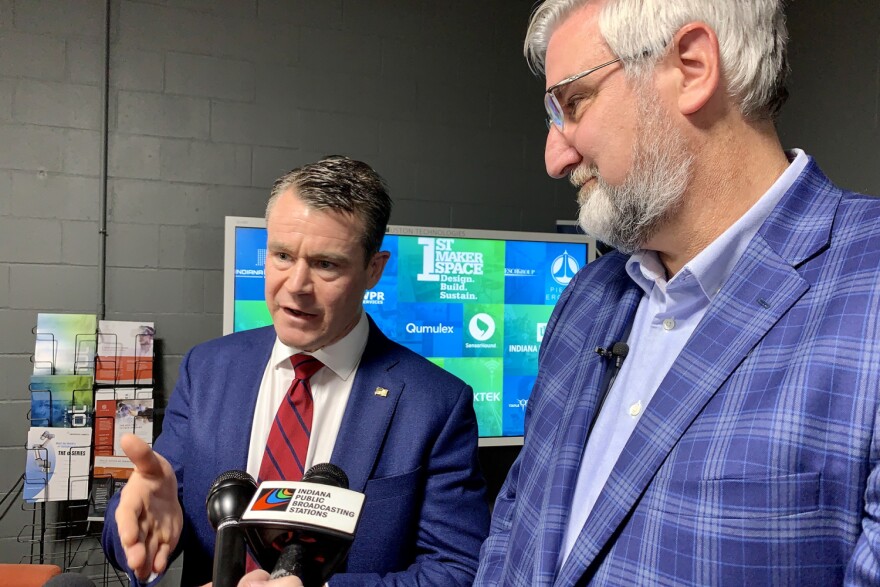 U.S. Sen. Todd Young (R-Ind.), left, and Gov. Eric Holcomb, right, said Indiana is well-positioned to compete for one of the regional technology hubs created by Young's Endless Frontier Act.