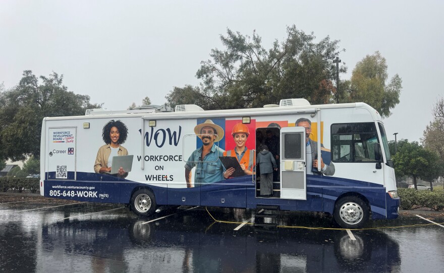 Workforce on Wheels is a large RV equipped with computer workstations, training equipment, and internet connectivity.