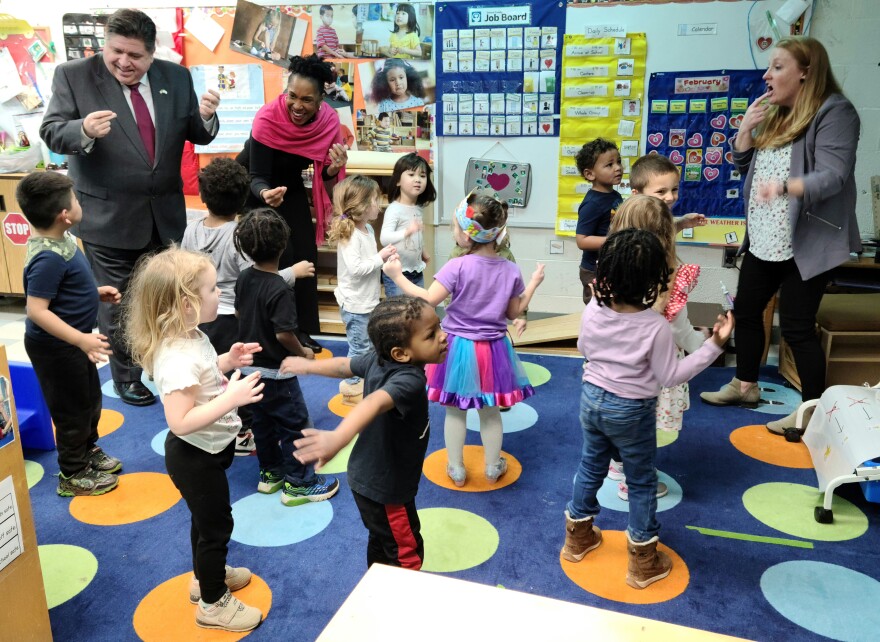 Gov. JB Pritzker and Lt. Gov. Julianna Stratton participated in a song during teacher Mallory Kessler’s class at MacArthur Early Childhood Center.