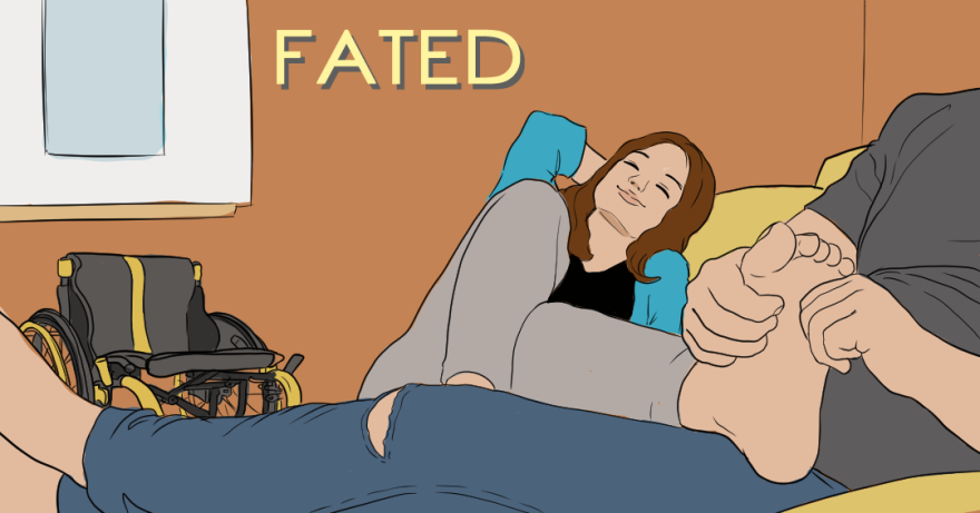 An illustration of a person with long hair getting a foot massage with an empty wheelchair in the background. The text "Fated" is in the middle of the top of the image.