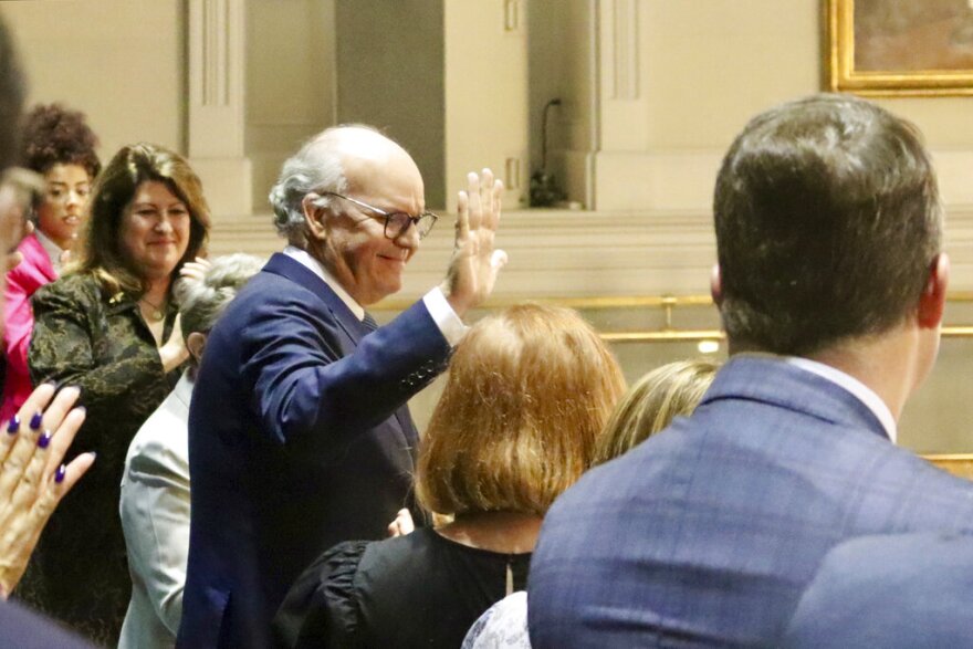 Judge Gary Hill waves after lawmakers voted to make him the next state Supreme Court justice on Wednesday, Feb. 8, 2023, in Columbia, S.C. Hill's replacement of the retiring Justice Kaye Hearn means South Carolina is the only state without a woman on its Supreme Court. (AP Photo/James Pollard)