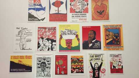 Gallery wall from 'Mission Grafica: The Public's Voice' now on at KALW's studio at 220 Montgomery in San Francisco.