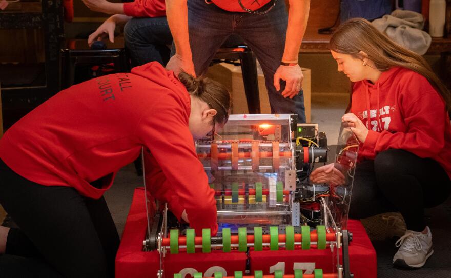 Students from Cannon Falls team 6217 work on their robot, the “Bomb Botz.” March 31, 2026.
