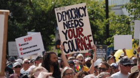 Thousands of Hoosiers protest at a No Kings rally outside the Indiana Statehouse on Saturday, Oct. 18, 2025.
