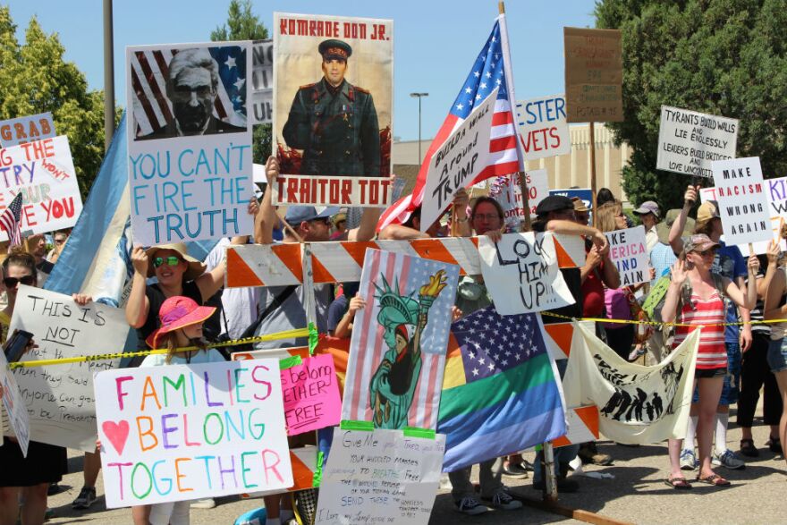 Protest signs outside of the July 5, 2018 Trump campaign rally in Great Falls, MT.