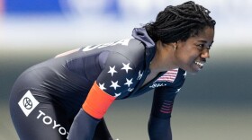 Erin Jackson of the United States smiles after winning the Women's 500m Division A race during the ISU World Cup Speed Skating on Nov. 12, 2021 in Tomaszow Mazowiecki, Poland. (Boris Streubel/Getty Images)