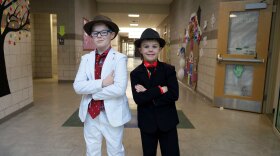 Lincoln Bolitho (left) and James Ramage on Dapper Wednesday, Dec. 13, 2023. The trend started earlier this year when James began wearing a suit to Chelsea Elementary School.