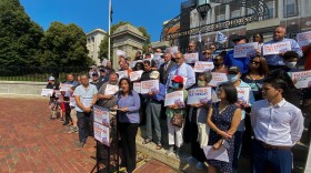 Roxana Rivera, president of 32BJ SEIU Local 615, in front of the Massachusetts Statehouse during a press conference hosted by Community Labor United.