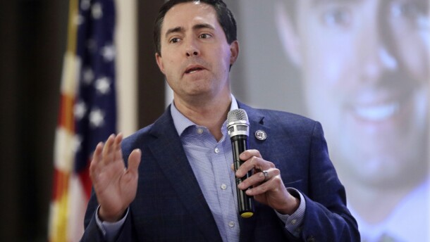 Ohio Secretary of State Frank LaRose speaks to the Fairfield County Lincoln Republican Club in Pickerington, Ohio, on March 24, 2022. The Republican Secretary of State said those voters who choose to hold onto their paper ballots until Nov. 8 must deliver them to their county board of elections office. Poll workers at precinct-level voting locations cannot accept them, he said. 