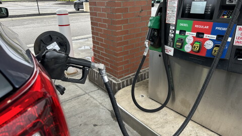 A gas pump dispenses gas north of Columbus, Ohio.