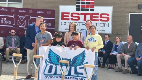 Some Lincoln-Irving Elementary students show off the new Robert Ontiveros Elementary school logo and mascot name, the Owls, before the groundbreaking Wednesday, March 25, 2026.