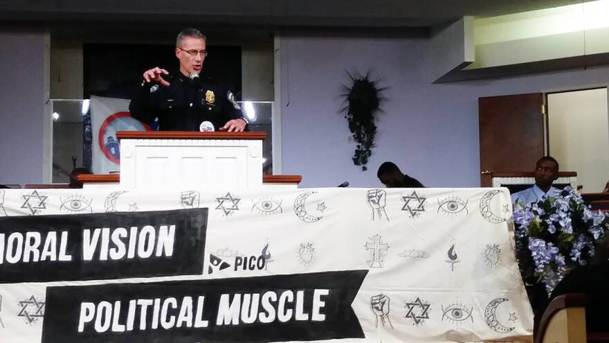 IMPD Chief Bryan Roach addresses the crowd at Friendship Missionary Baptist in Indianapolis.