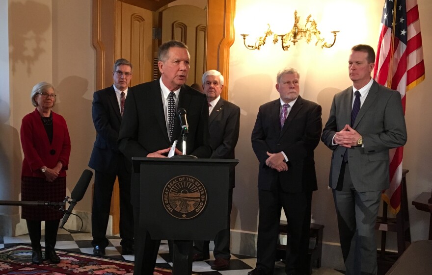 A photo of former U.S. Rep. Deborah Pryce (left), Jim Tobin of the Catholic Conference of Ohio, former state Rep. Ron Maag and former Senate president Tom Niehaus are members of Gov. John Kasich’s group, moderated by Public Safety director Col. John Born.