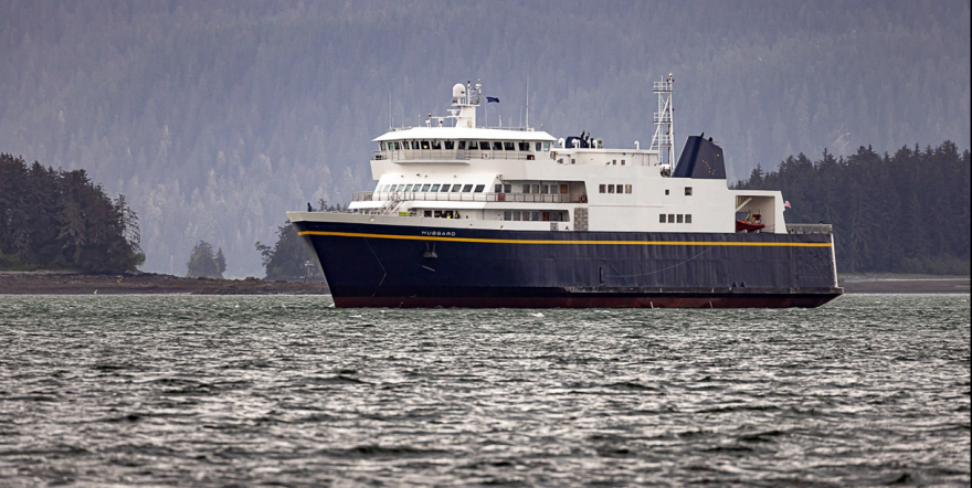 Alaska Marine Highway ferry M/V Hubbard plies the water off an Alaska coastline. A Thursday virtual meetings will focus on rural ports, barge landings and other maritime-related transportation issues.