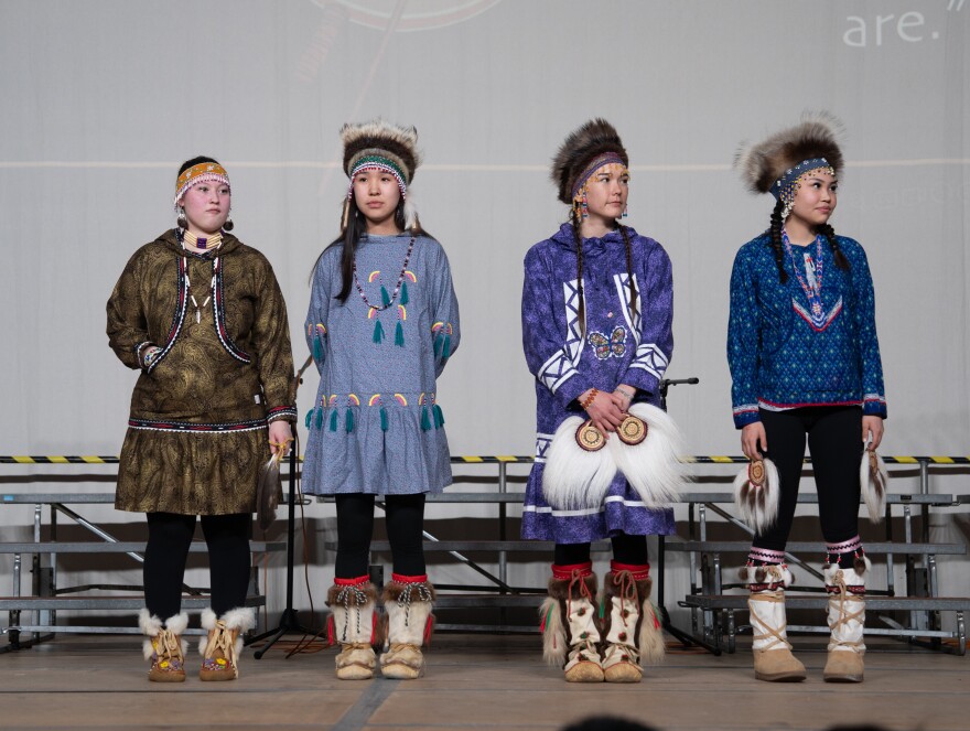 Miss Cama'i contestants line up for their introductions to the audience at the 2025 Cama'i Dance Festival on March 29, 2025.
