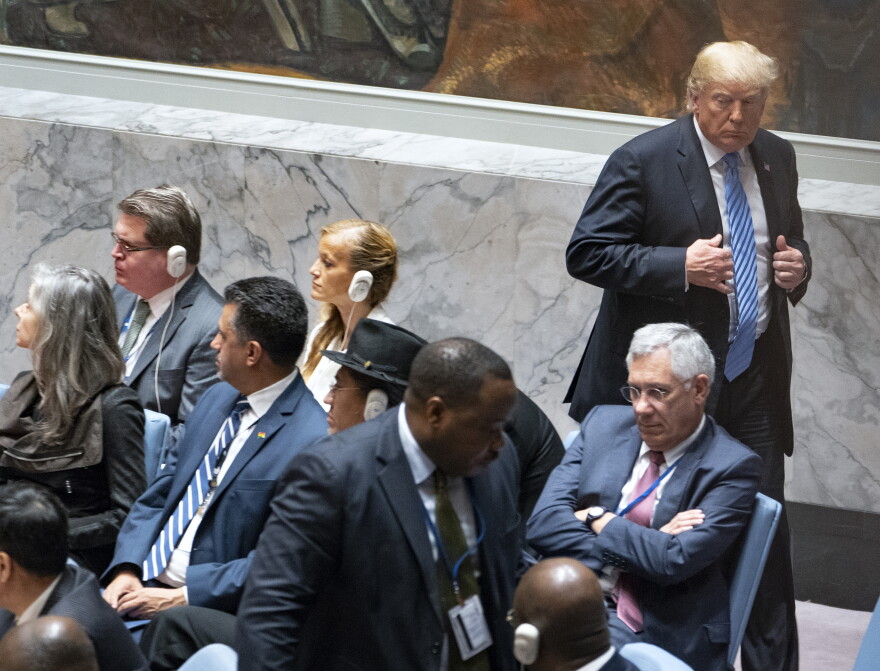 President Donald Trump leaves the United Nations Security Council chambers during the 73rd session of the United Nations General Assembly, at U.N. headquarters, Wednesday, Sept. 26, 2018.