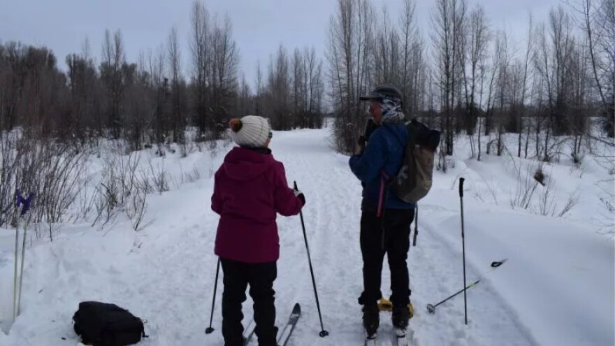 Two people stand on skis, talking.