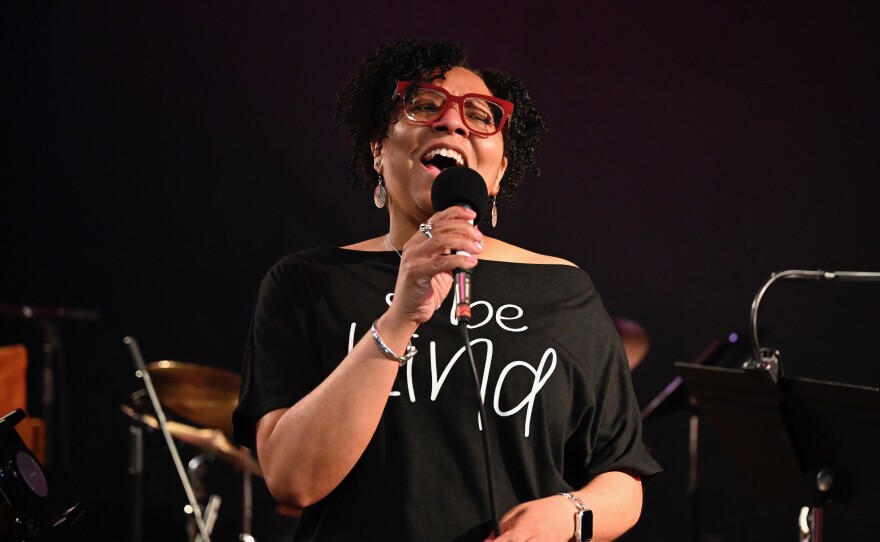 Latanya Farrell on vocals during soundcheck at Watkinson School in Hartford on April 2, 2025.