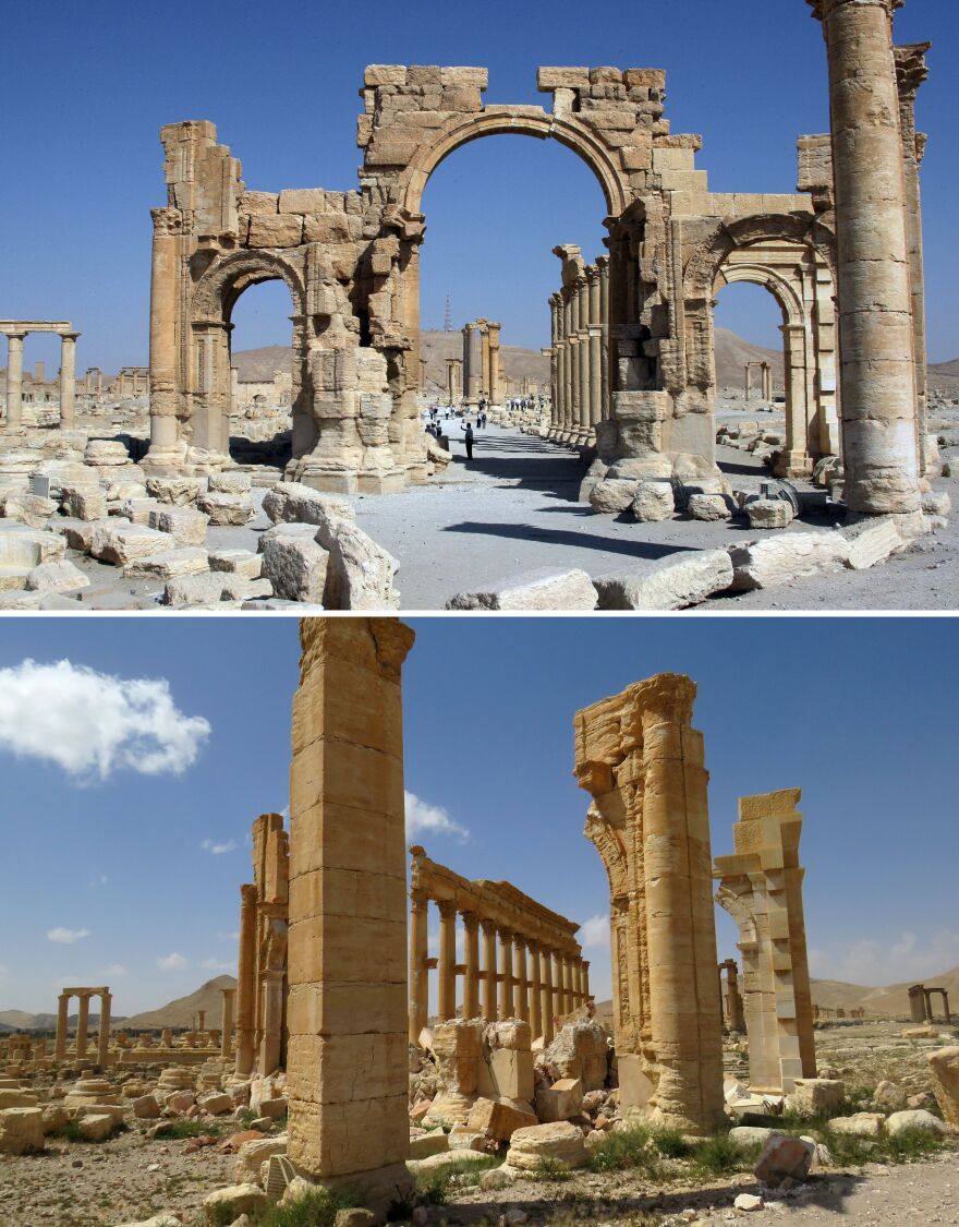 A combination of images shows a general view of the Arch of Triumph in June 2010 (top) and the remains of the iconic structure after government troops recaptured the ancient city of Palmyra from IS fighters.