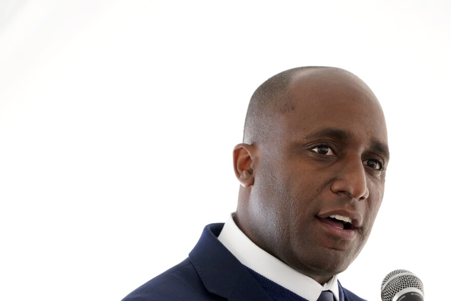 Kansas City Mayor Quinton Lucas attends an event announcing the construction of tiny homes for homeless veterans Friday, Oct. 16, 2020, in St. Louis. (Jeff Roberson/AP)