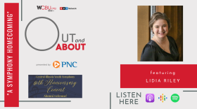 The image features a photo of the Executive Director of the Central Illinois Youth Symphony Lidia Riley. The image has the quote “A SYMPHONY HOMECOMING”. The image also features a graphic icon to promote the event that reads Central Illinois Youth Symphony, 60th Anniversary Concert, Alumni Welcome! As always, the graphic artwork also features icons of the podcast’s sponsor PNC Bank as well as various podcast platforms where Out and About can be heard. 
