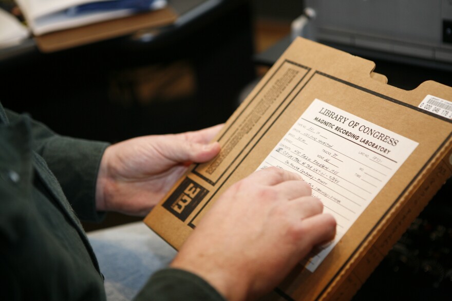 A reel of 1/4-inch-wide magnetic tape, used by the Library of Congress for reference purposes.
