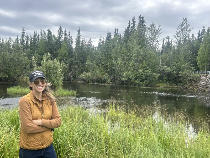 Sarah Hollister at one of her family’s favorite spots at a military recreation area, which is now inside the footprint of a potential future data center near Eielson Air Force Base.