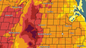 A color-coded map of Michigan's Lower Peninsula based on a scale of expected wind gusts  