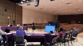 A woman stands in front of a screen in an auditorium, presenting to a group. 