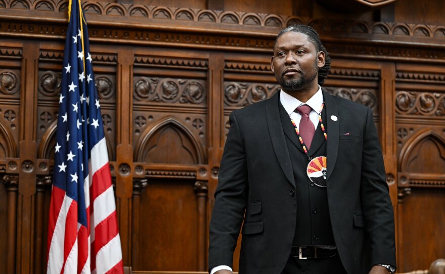 Democrat Larry Pemberton, a member of the Eastern Pequot Tribal Nation is sworn into the CT House of Representatives in Hartford Connecticut on January 21, 2026. The Tribe says he's the first Native American elected to the General Assembly.