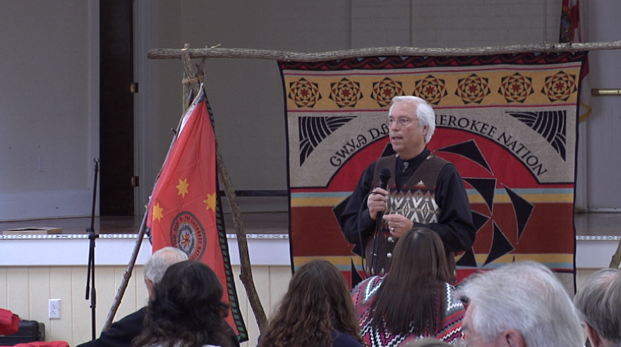 Principal Chief of the Cherokee Nation Bill John Baker presents the State of the Cherokee Nation address. (Sara Girard/WUFT News)