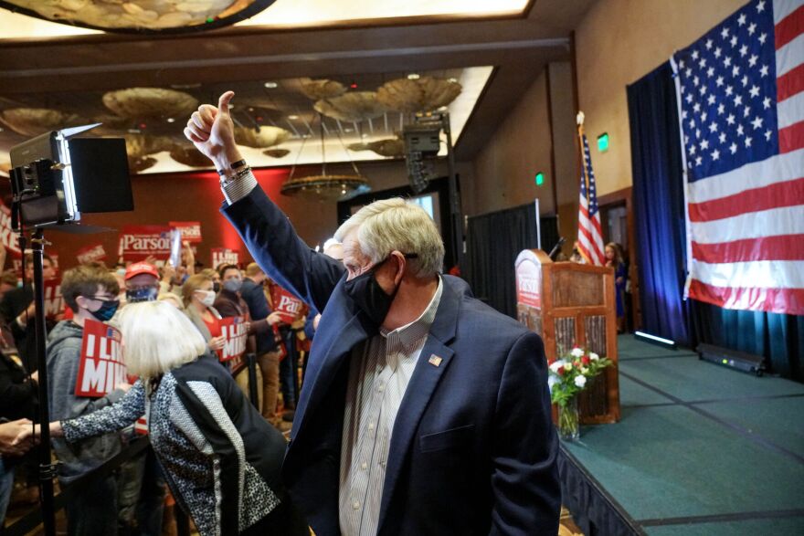 Mike Parson greets supporters on his way to the stage for his acceptance speech Nov. 4, 2020, at the White River Conference Center in Springfield. Parson defeated Nicole Galloway to win his first full term as Missouri governor.