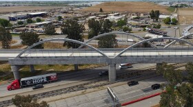The Cedar Viaduct, designed to take high-speed trains over Cedar and North avenues and State Route 99, is shown in an aerial view, Tuesday, April 15, 2025, in Fresno, Calif.