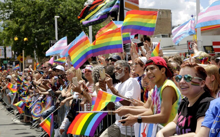A crowd holds rainbow flags as they watch the 48th Annual Chicago Pride Parade on Sunday, June 25, 2017 in Chicago