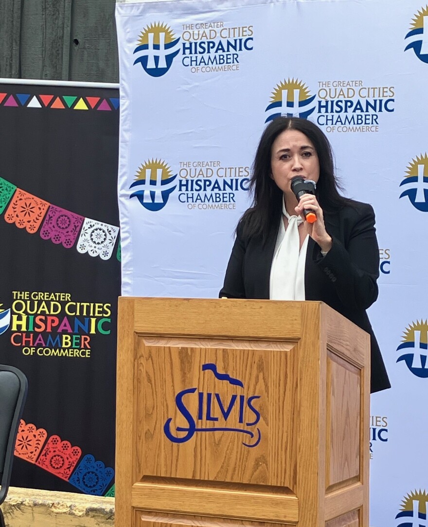 Maria Cartageba, chief of staff for the Iliinois Hispanic Chamber of Commerce, speaks at the event May 22, 2026.