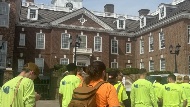 Workers with Master Interiors, an acoustical contractor serving the DE, PA, and MD, rally outside the statehouse in Dover against Senate Bill 272.