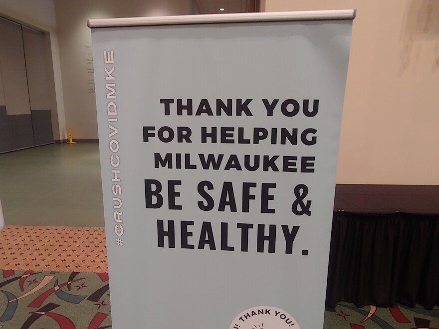 A thank-you sign to people who got vaccinated at the Wisconsin Center, in April.