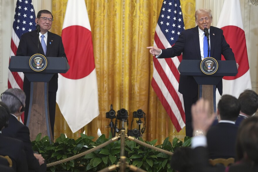 President Donald Trump answers questions during a news conference with Japan's Prime Minister Shigeru Ishiba at the White House, Friday, Feb. 7, 2025, in Washington. (AP Photo/Evan Vucci)