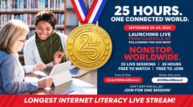 Text-heavy graphic. Image on the left shows a person on a laptop smiling and looking at a tablet held by another person. Text on the right reads: 25 HOURS. ONE CONNECTED WORLD. SEPTEMBER 24-25 2026 LAUNCHING LIVE FROM LOUISVILLE, KY FOLLOWING THE SUN WEST NONSTOP. WORLDWIDE. 25 LIVE SESSIONS | 25 HOURS FREE TO WATCH | FREE TO JOIN Tune in free bit.ly/CNWorldRecord Share this post #CNWorldRecord CAN'T STAY FOR ALL 25? JOIN FOR ONE SESSION! LONGEST INTERNET LITERACY LIVE STREAM!
