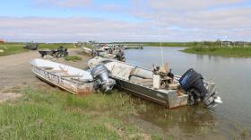 Boats anchored to shore in Quinhagak, Alaska (Krysti Shallenberger / KYUK)