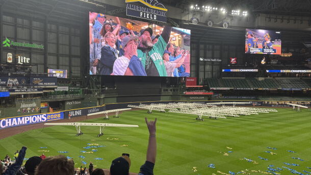 Milwaukee Brewers fans gather at American Family Field to watch the team sweep the Los Angeles Dodgers in Game 4 of baseball's National League Championship Series on Thursday, Oct. 15, 2026. 