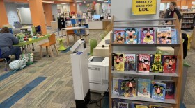 In a colorful room lined with shelves of books, one shelf of books has a sign over it that says "Books to make you LOL". On the shelf, all of the books have a pair of glasses on them with a nose and mustache "disguise" attached.