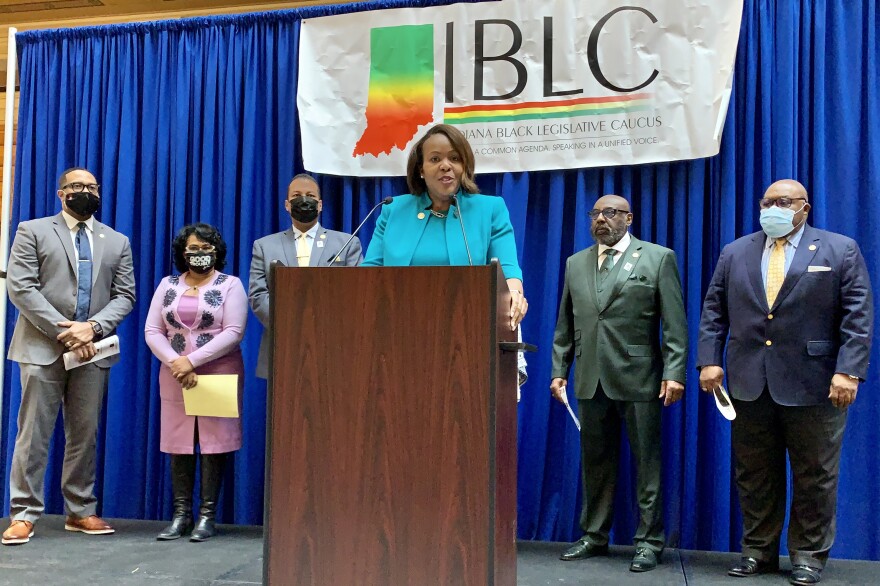 Indiana Black Legislative Caucus Chair Robin Shackleford (D-Indianapolis), center, is flanked by other members of her organization. (Brandon Smith/IPB News)