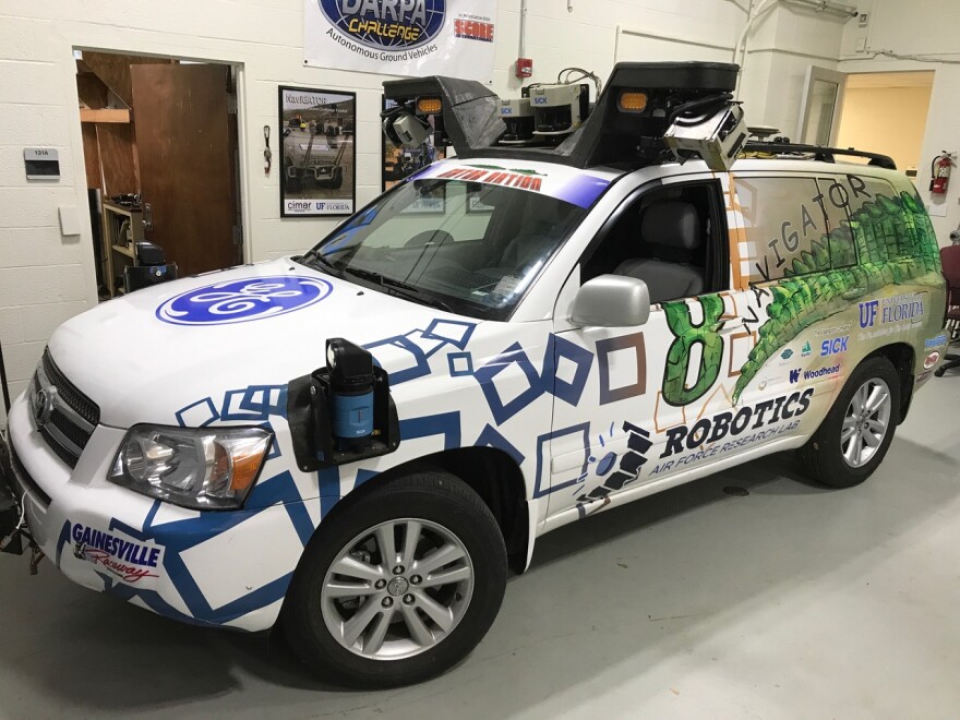 The University of Florida Department of mechanical and aerospace engineering’s modified Toyota Highlander. Under special conditions, the autonomous car had been on the streets of Gainesville, even passing by Ben Hill Griffin Stadium. (Ryan Serpico/WUFT News)